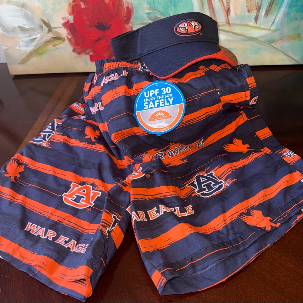 Lot of 2 - NEW Columbia PFG Auburn Tigers Swim Trunks XL CLG Backcast ll & Visor